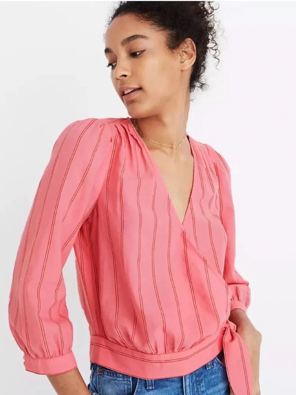 Madewell Wrap Top Womens S Pink Striped Cotton Crop Puff Sleeve V Neck Boho